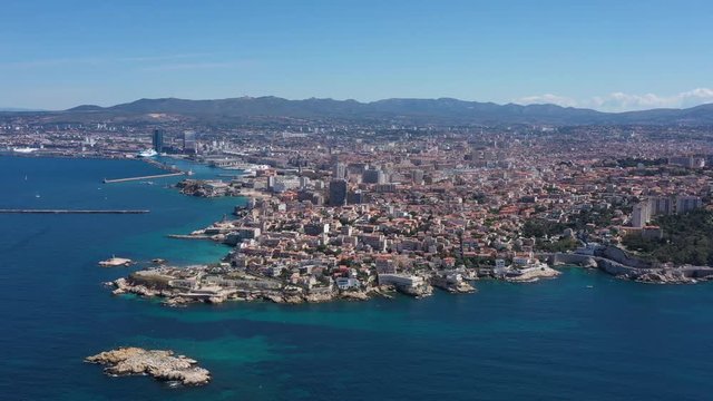 Endoume neighborhood Marseille aerial view France sunny day mediterranean city, residential coastal area