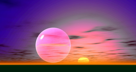 3d, 4K. Sunset sky in yellow-violet color with clouds, gradient, landscape, background with clouds, rendering illustration.