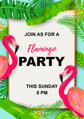 Pink flamingos and exotic palm leaves. Tropical party vector illustration. Place for your text. Seasonal template for vacation, poster, banner, flyer, invitation, pool party.