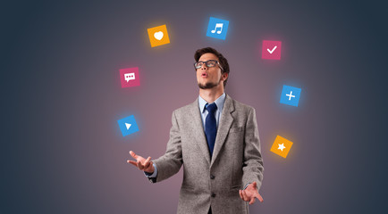 Young person juggle with application icons
