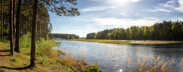 summer landscape on the banks of the Ural river, Russia,