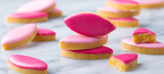 Calissons Provence on marble table background. Traditional French sweets. Close up.