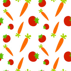 Vector seamless pattern with carrots and tomatoes. Vegetable summer pattern, colorful print for design .