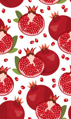 Seamless pattern pomegranate fruits and seeds on white background, Fresh organic food, Red ruby fruits pattern. Vector illustration.