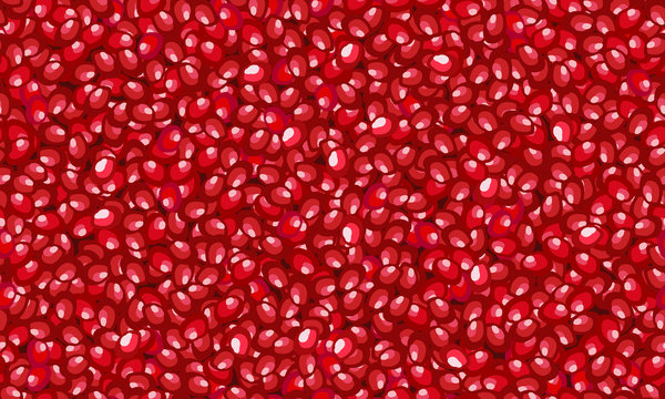 Seamless Fruit Pomegranate Seeds Pattern, Fresh Organic Food, Red Ruby Fruits Pattern. Vector Illustration.