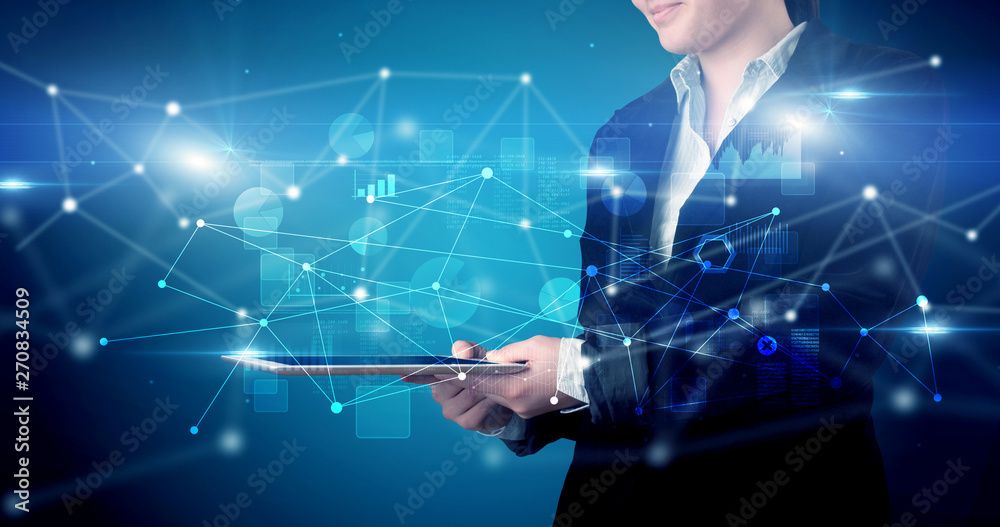 Poster elegant hand holding tablet with virtual database and network concept
