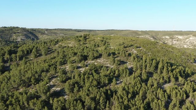 Aerial shot of a forest on a hill south of France. Dry landscape summer sunset Marseille Aix en Provence