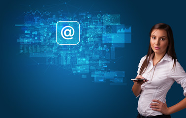 Young person using phone with mail and online communication concept
