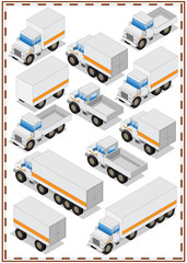 A set of trucks. Isolated on white background. Isometric. Vector illustration.