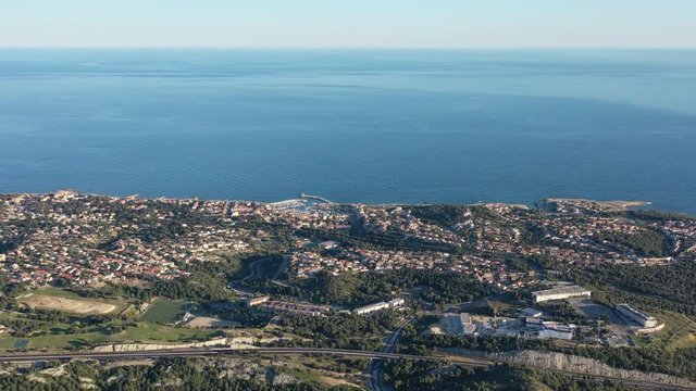 Aerial global view of Sausset-les-pins mediterranean city sunset time blue calm sea