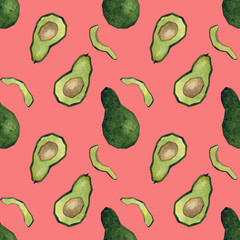 Seamless pattern of avocados, avocado halves and avocado slices on a faded red background. Watercolor hand painted avocados. Illustration - Illustration