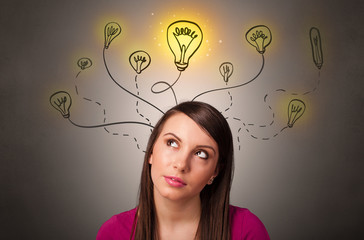 Pretty girl with draw bulbs above her head with different solutions concept
