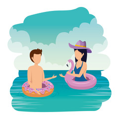 young couple with swimsuit on the sea characters