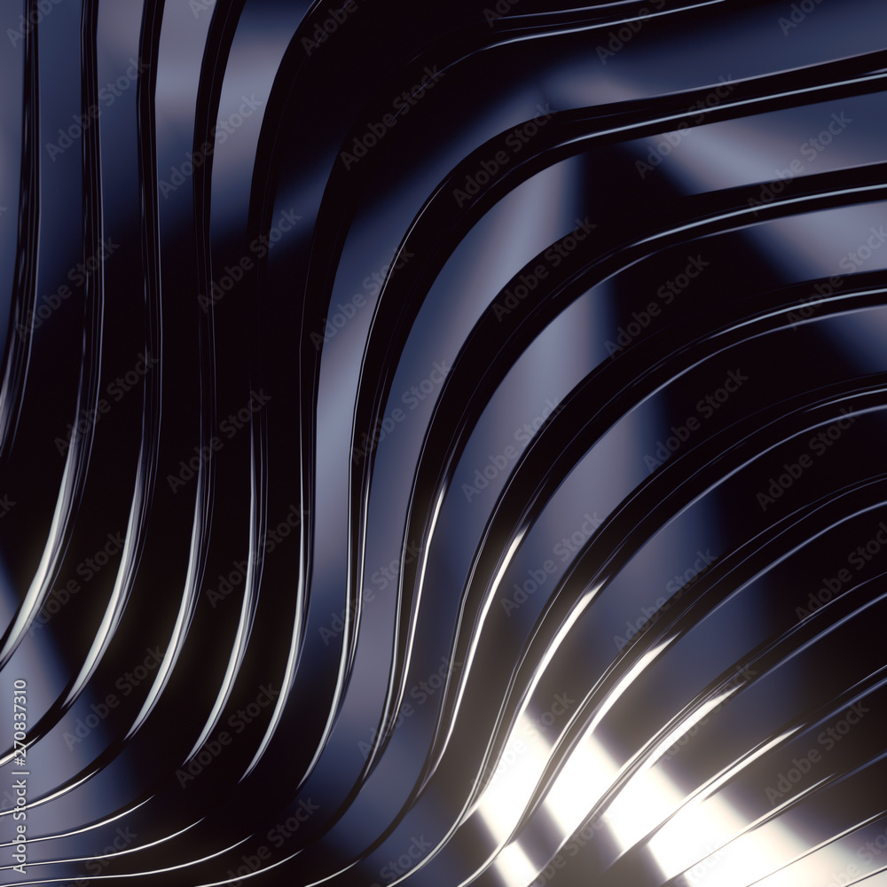 Poster Wave band abstract background. Bright colored reflections on dark metallic surface. 3d rendering