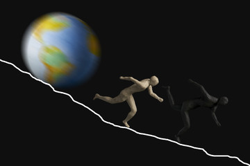 Men run in front of the Earth rolling on a slope. Concept climate change. Isolated on black background.