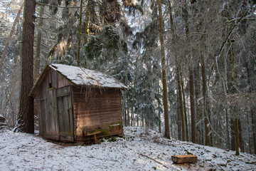 Wooden cottage for hay for feeding of wild animals in snowy forest