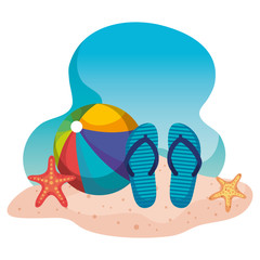 Fototapeta na wymiar beach ball with flip-flop and starfishes in the beach sand