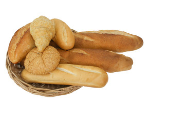 The bread in the basket isolated on white background concept.
