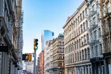 New York City street view with old historic buildings in the SoHo neighborhood of Manhattan