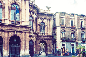 Teatro Bellini – facade of old theater building in Catania, Sicily, Italy. Traditional architecture .