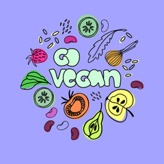 Go Vegan illustration. Veganism concept. Hand-lettered slogan and hand drawn pictures of vegan foods. Can be used for web, social media, poster, banner, flyer