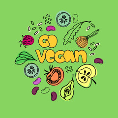 Go Vegan illustration. Veganism concept. Hand-lettered slogan and hand drawn pictures of vegan foods. Can be used for web, social media, poster, banner, flyer