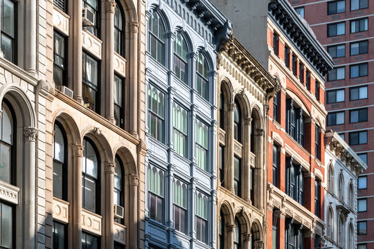 Block of historic old buildings on Broadway in Lower Manhattan, New York City