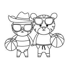 tigers couple with summer hat and balloons plastic toys