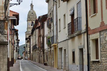 La Puebla de Arganzon, Treviño (Burgos)/Spain; 29-05-2019: Tower of the Church of Our Lady of the...