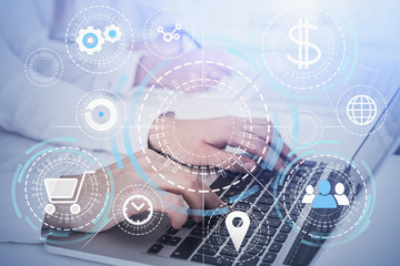 Man typing on laptop, online shopping concept