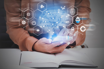 Woman with phone in office, AI concept