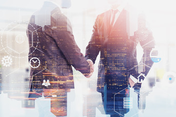 Handshake of people in city, digital interface