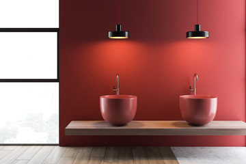 Fototapeta na wymiar Red bathroom interior with double sink