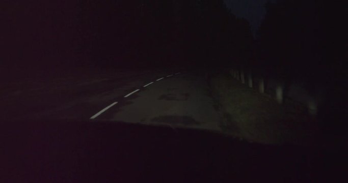 Scary isolated road during a winter night with white ground markings in Europe. Sujective shot, drive point of view. Shot on RED EPIC 6K.