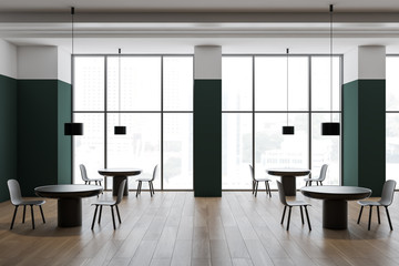 Green and white panoramic cafe interior