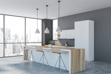 Gray panoramic kitchen corner with bar