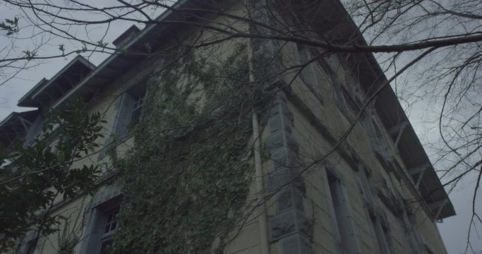 Haunted house with Tree branches moving in the wind at night in a scary cloudy gray sky. Atmosphere horror, fear, murder, creepy, Halloween Night in RED EPIC 6K. Plants growing on the walls. Tilt up.