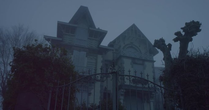 Establishing shot with tilt up of a haunted house in a foggy halloween atmosphere with an imposing old gate and a dead tree and green nature on the sides. Bluish image. Shot on RED EPIC DRAGON 6K.