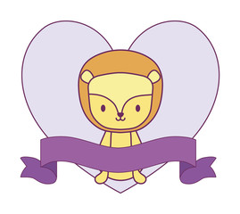 cute lion in frame with heart shape and ribbon