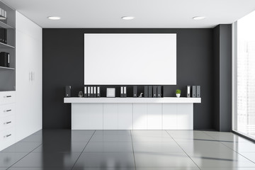 Empty gray office corner, bookshelf and poster