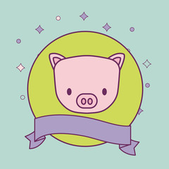 head of cute piggy in frame circular with ribbon