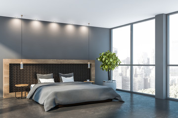Gray minimalist master bedroom interior