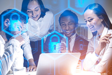 Happy business team, online security