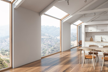 Fototapeta na wymiar White panoramic Scandinavian kitchen interior