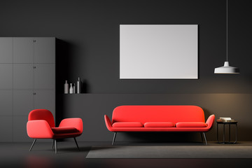 Black living room interior with poster