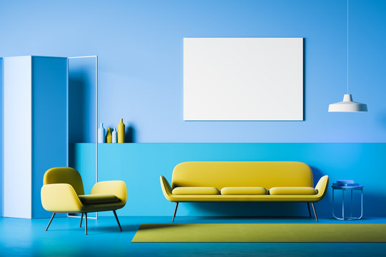 Blue living room interior with poster