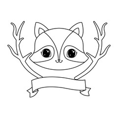 head of cute raccoon with tree branches and ribbon