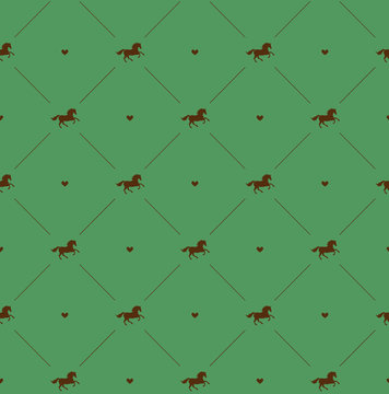 Vector Seamless Pattern Of Brown Horse Silhouette With Heart Isolated On Green Background