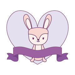 cute rabbit in frame with heart shape and ribbon