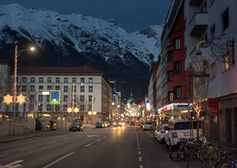 INNSBRUCK, AUSTRIA - CIRCA 2017: Street night view of the city circa 2017, in Innsbruck.